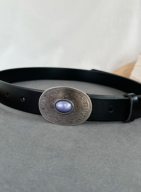 法式文艺复古雕花银扣真皮腰带紫色亚克力镶嵌装饰头层牛皮宽皮带