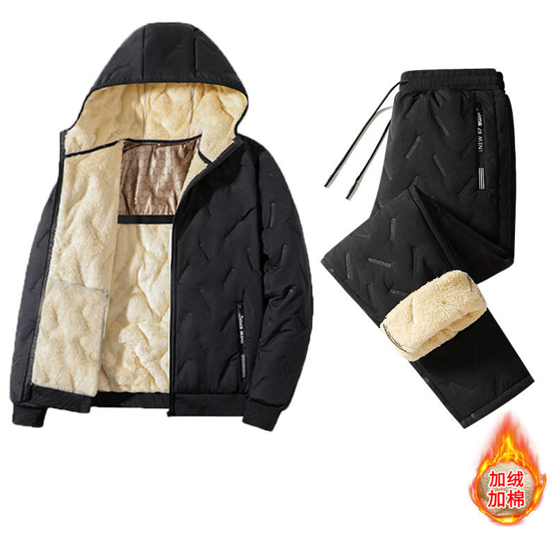 超声波棉服男套装羊羔绒冬季加绒加厚连帽棉袄中年大码棉裤两件套