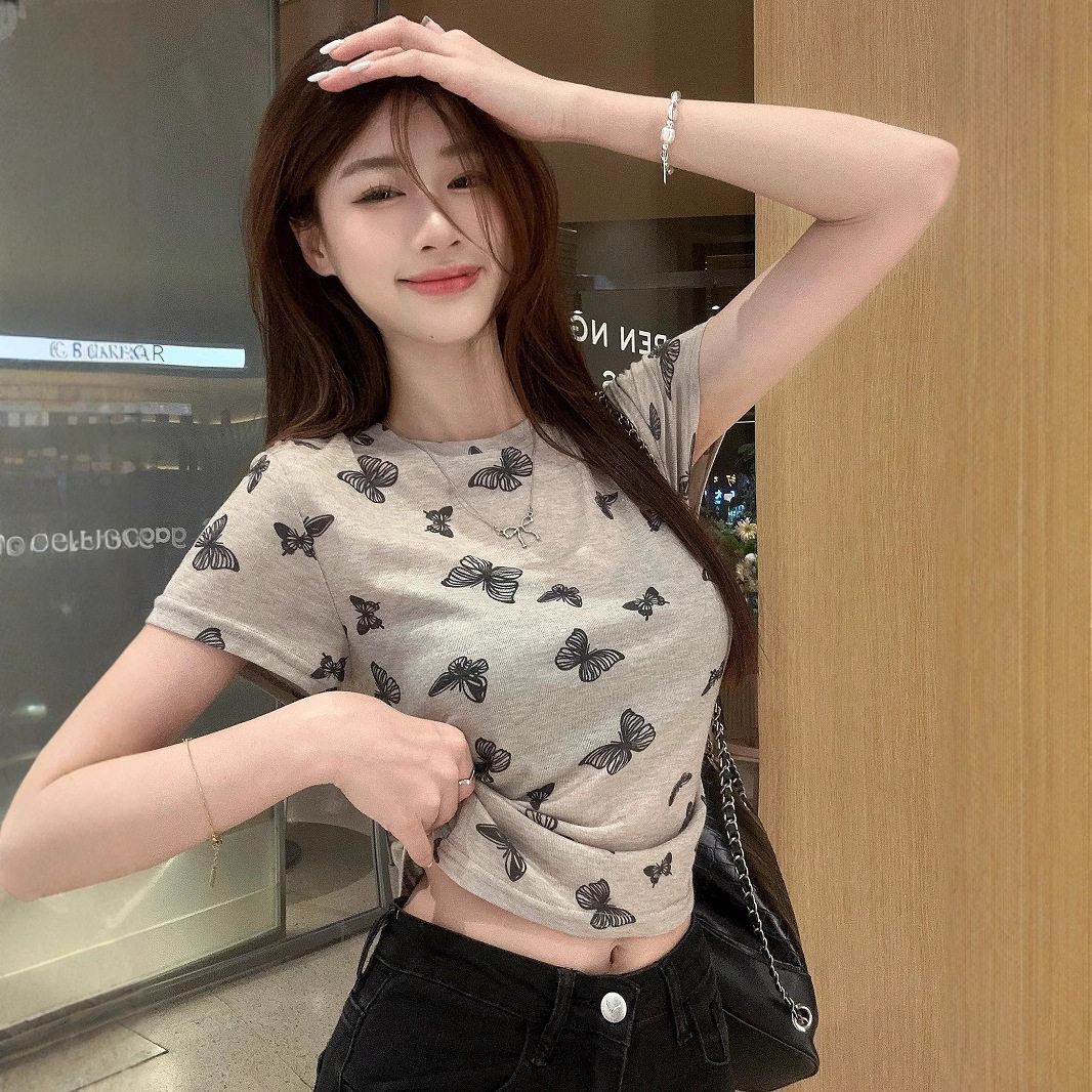 蝴蝶印花抽褶圆领短袖T恤女夏季2025新款收腰显瘦短款套头上衣ins