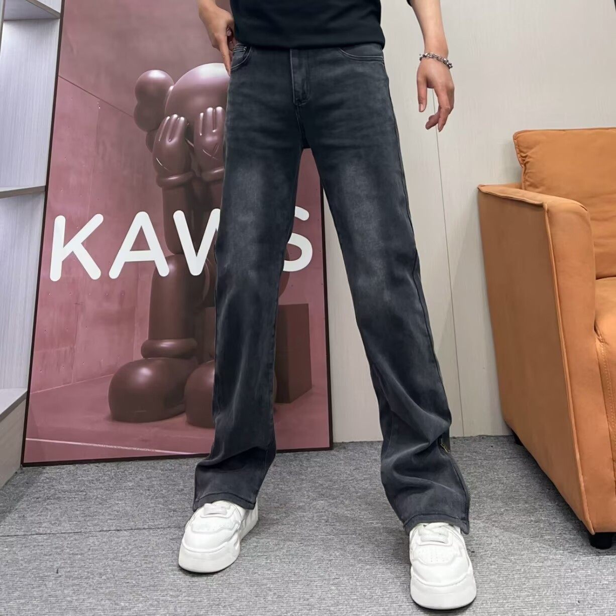 高街个性微喇牛仔裤男宽松潮牌做旧脚口拉链阔腿裤黑灰色直筒长裤,男装,牛仔裤,淘宝优惠券,粉丝福利购,淘宝优惠卷