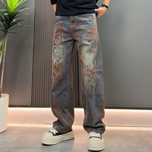 高端美式休闲复古牛仔裤男宽松直筒褶皱阔腿裤潮牌提花痞帅休闲裤