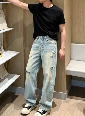 高端美式怀旧蓝色牛仔裤男宽松直筒破洞阔腿裤2026夏季新款休闲裤