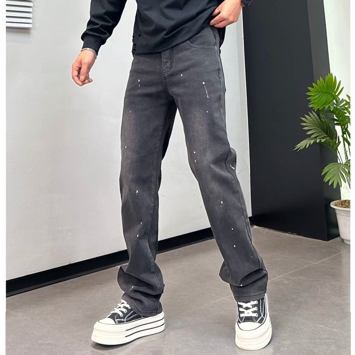 高级感泼墨牛仔裤男黑灰色秋冬季