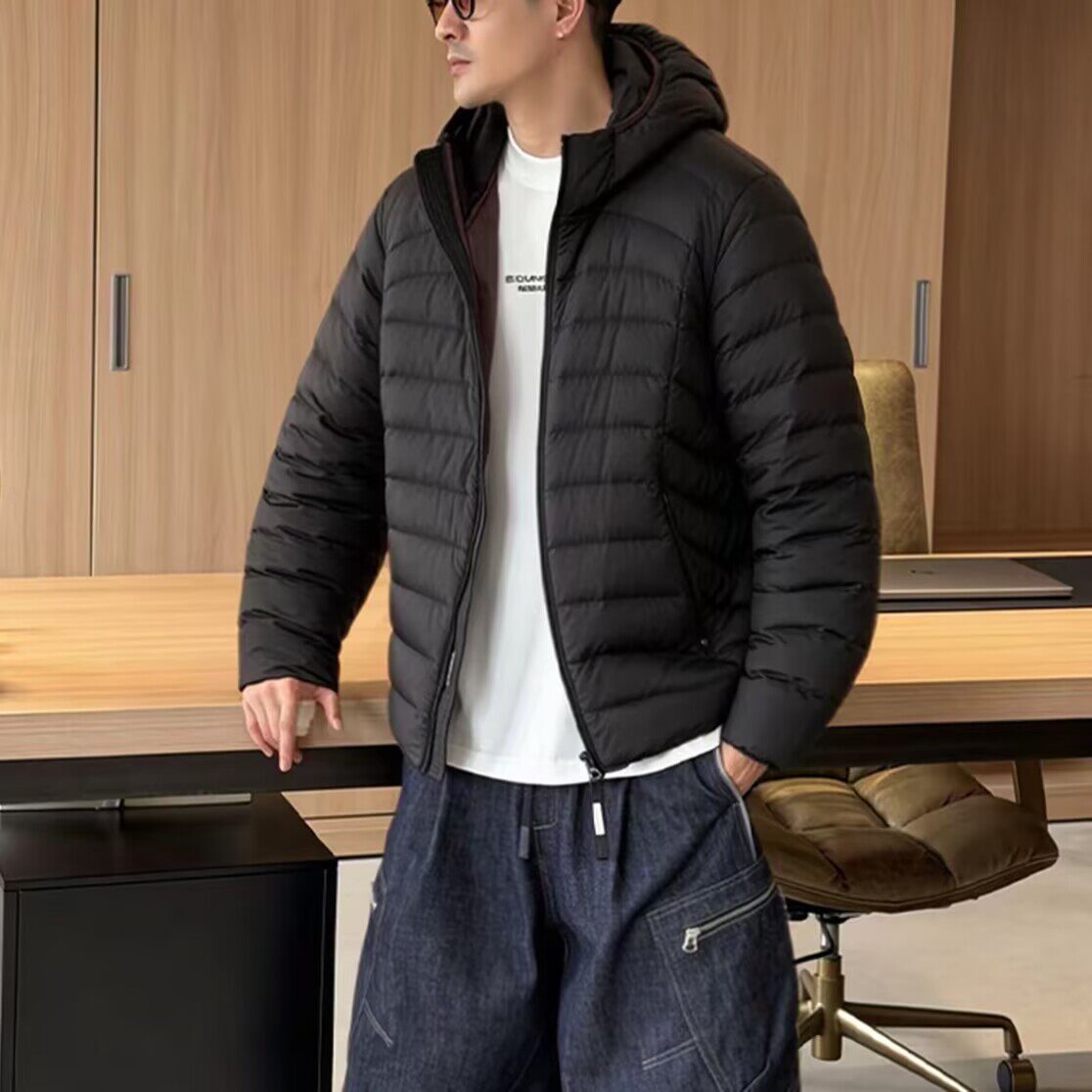高端轻薄羽绒服男连帽白鸭绒保暖