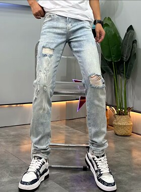 设计款印花牛仔裤男破洞夏季新款时尚潮流弹力修身小直脚休闲长裤