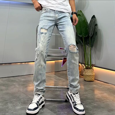 设计款印花牛仔裤男破洞夏季新款