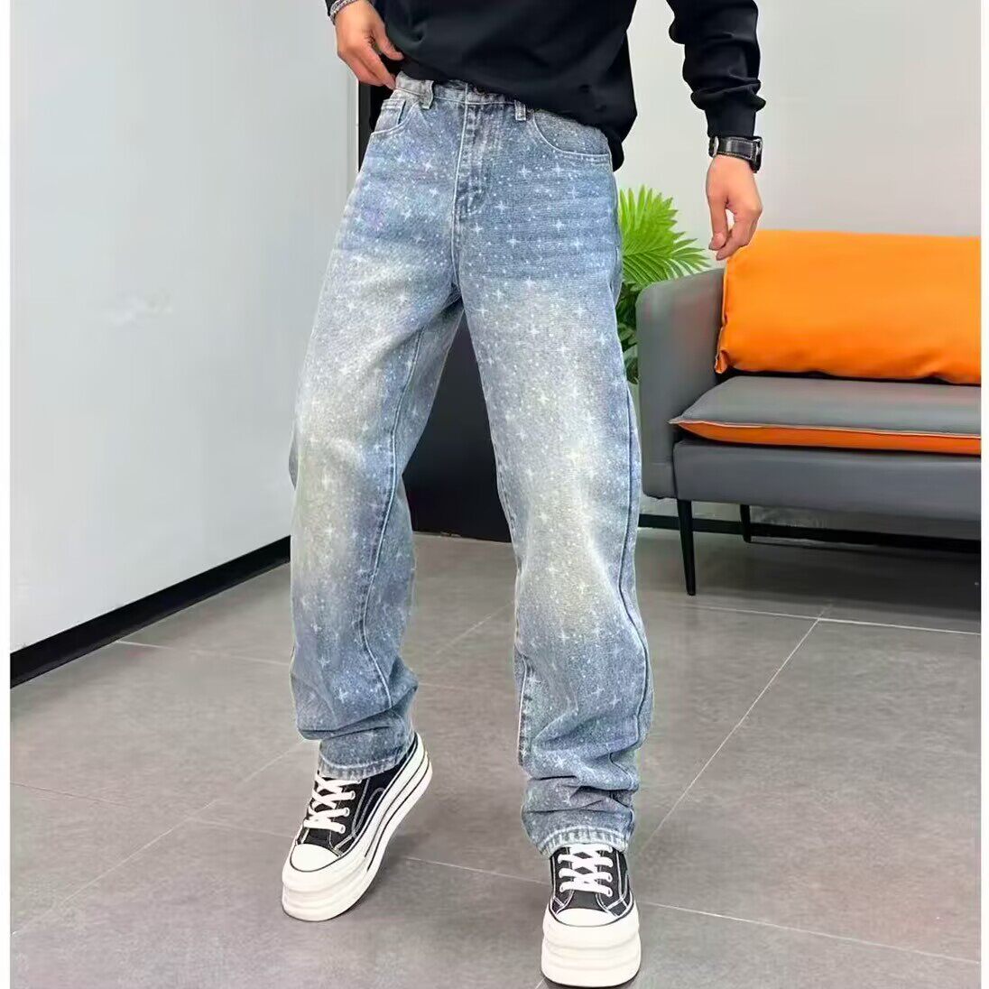 高级感满天星印花牛仔裤男宽松秋图片