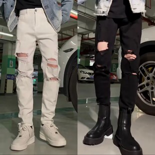 新款 男2023春夏季 时尚 潮流修身 子 设计款 小脚休闲裤 破洞高弹牛仔裤