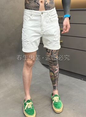 设计刮烂白色牛仔短裤男修身2026