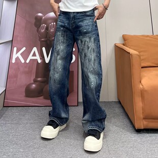 高街个性涂鸦印花脏脏牛仔裤男宽松潮牌弯刀裤秋冬季新款潮流长裤