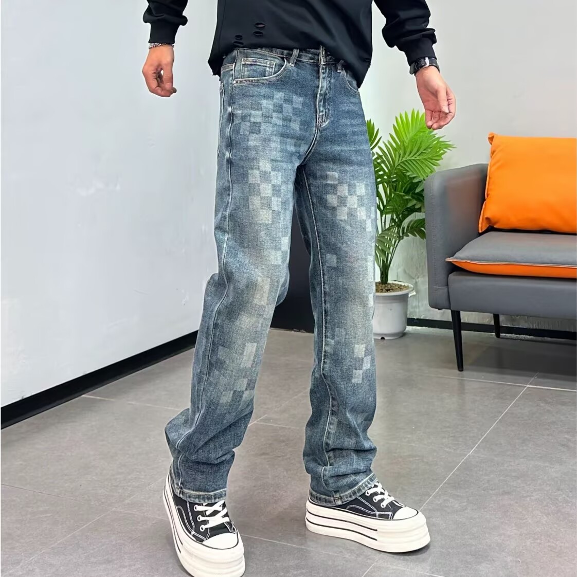 高级棋盘格宽松牛仔裤男美式休闲