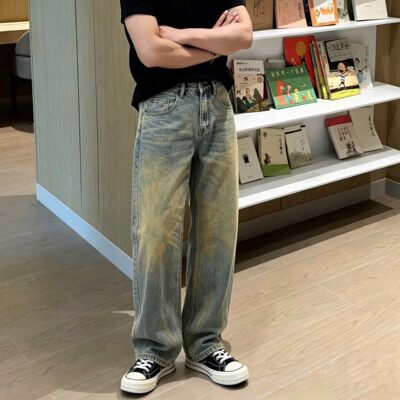 高级黄做旧牛仔裤男宽松水洗复古