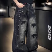 男宽松秋冬季 痞帅拖地弯刀裤 新款 假破洞个性 潮 时尚 高街阔腿牛仔裤
