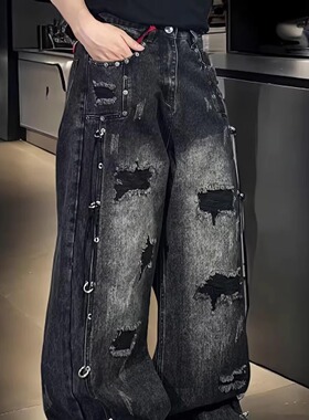 高街阔腿牛仔裤男宽松秋冬季新款时尚假破洞个性痞帅拖地弯刀裤潮