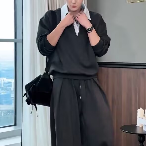 设计款假两件卫衣男套装2025秋季