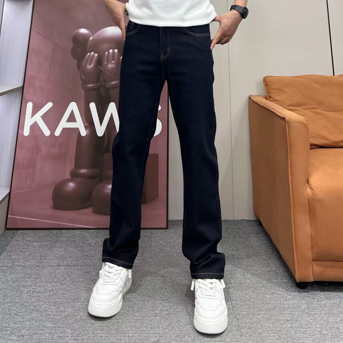 高端深蓝色牛仔裤男窄版小直筒2026秋季新款潮流显瘦弹力休闲长裤