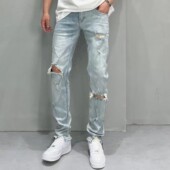 男破洞2024夏季 小脚时尚 新款 高端牛仔裤 韩版 修身 百搭微弹牛仔长裤