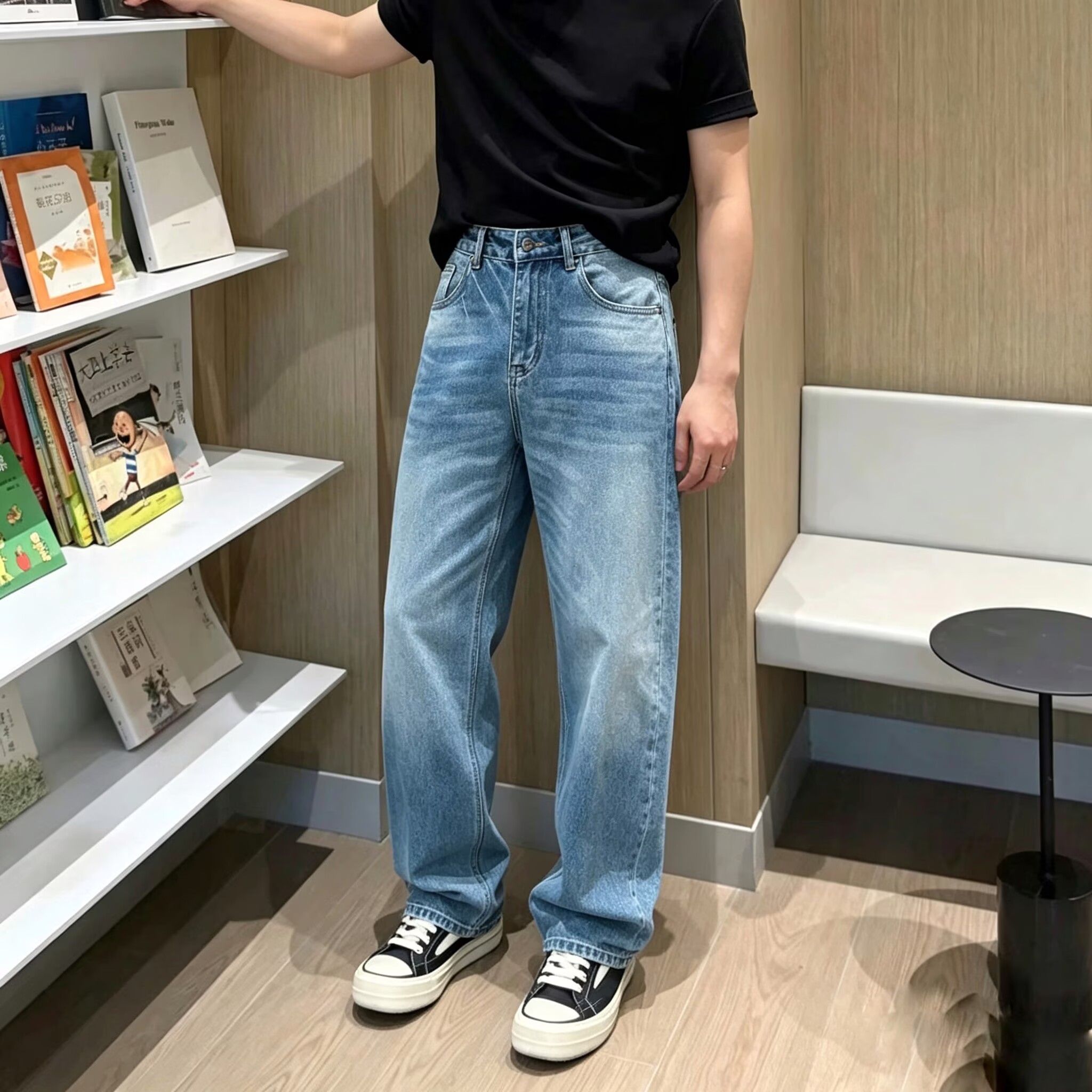 高端蓝色牛仔裤男合身直筒秋季新款潮流扎染显瘦老钱风休闲长裤子