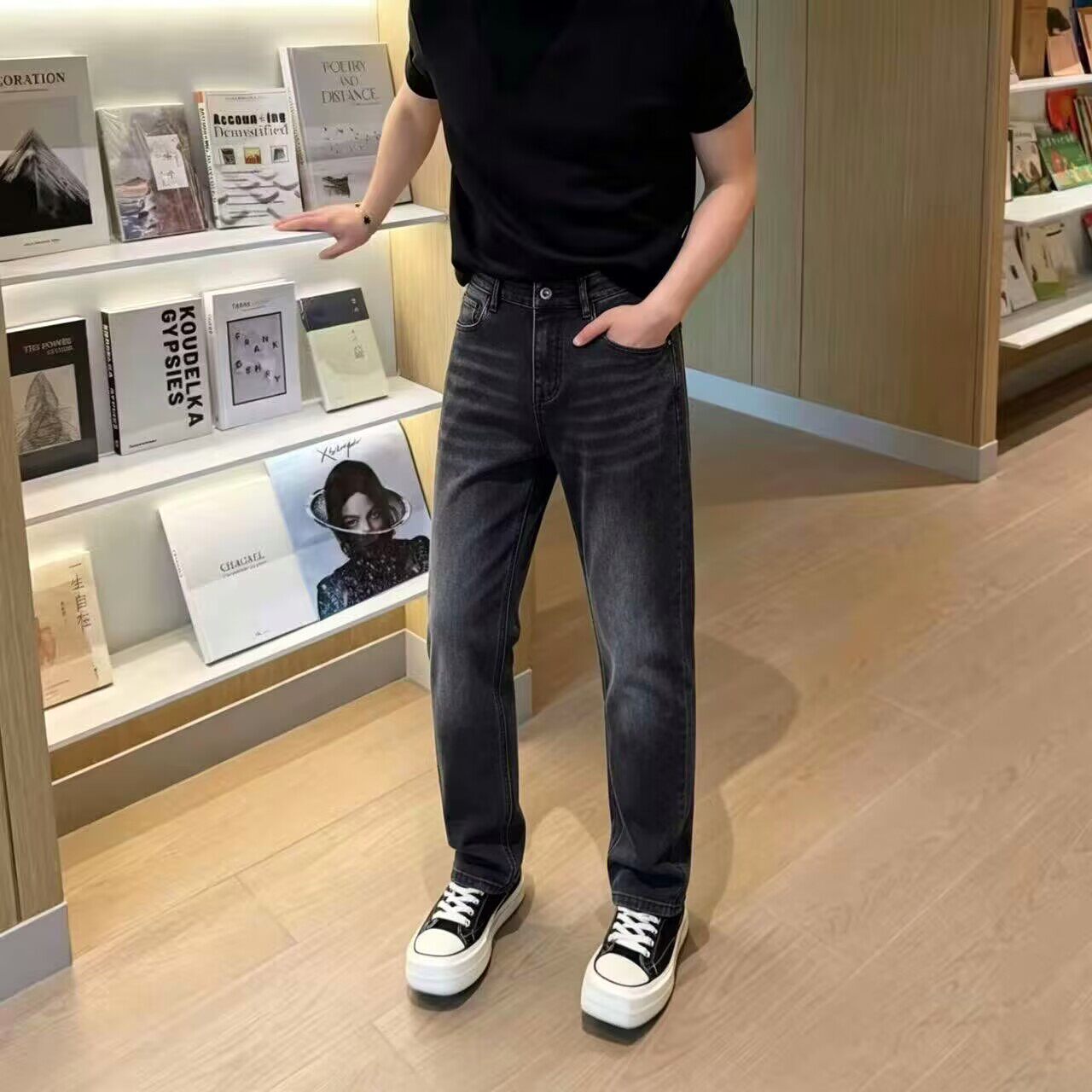 黑灰色牛仔裤男修身弹力显瘦休闲裤秋季新款韩版做旧小直筒长裤子