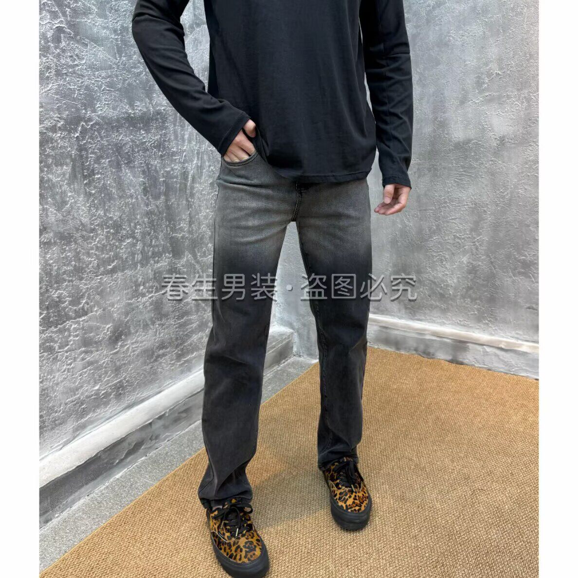 设计款渐变黑灰色牛仔裤男合身小直筒弹力休闲裤2026秋季新款长裤