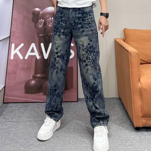 高级感植绒刺绣牛仔裤男宽松直筒长裤秋冬季新款复古提花阔腿裤潮