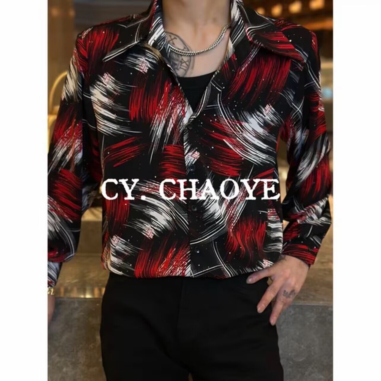 超薄款垫肩长袖衬衫男宽松烫钻防晒衣2026春夏季新款垫肩夜店衬衣