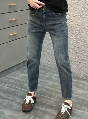 深蓝色九分牛仔裤男修身小脚2025夏季新款时尚复古净版弹力休闲裤