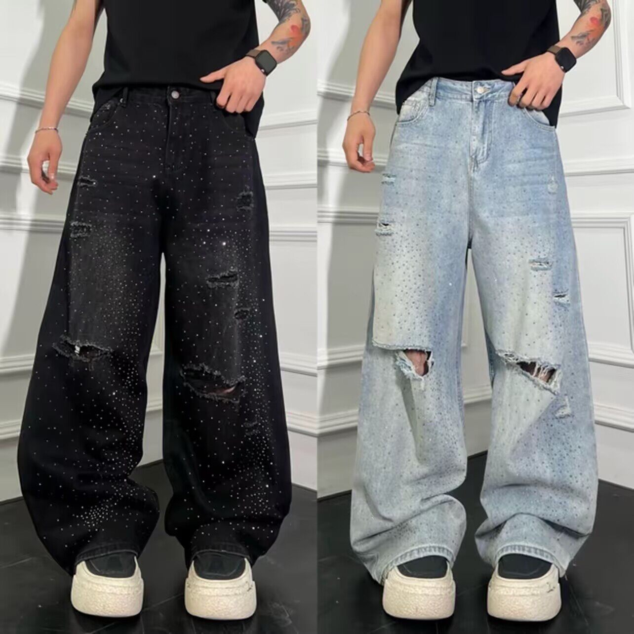 高街个性破洞弯刀裤男宽松满天星烫钻牛仔裤男个性刮烂美式休闲裤