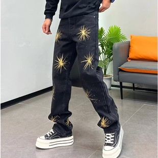 高级感手绘烟花牛仔裤男宽松直筒长裤秋冬季新款潮流高街休闲长裤