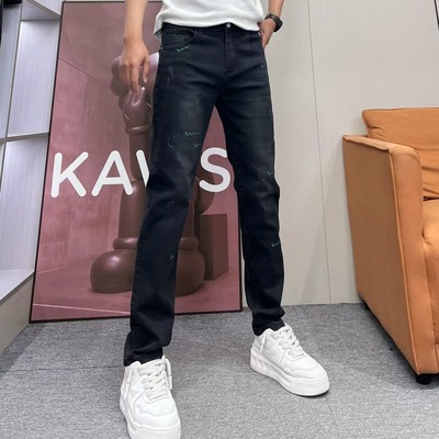 设计款彩色手绘涂鸦牛仔裤男修身