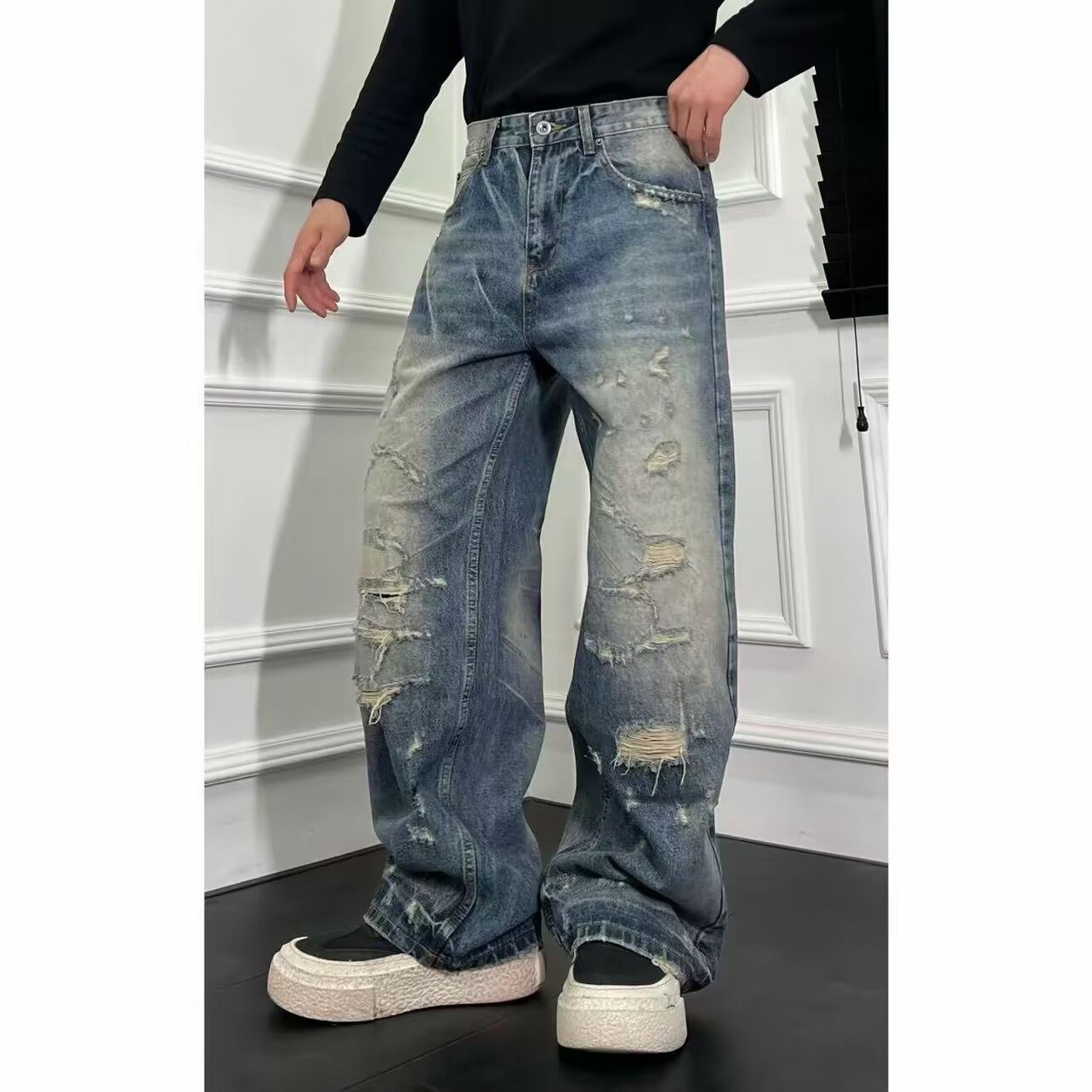 高端美式休闲阔腿牛仔裤男宽松刮烂假破洞直筒长裤2026春季弯刀裤,男装,牛仔裤,淘宝优惠券,粉丝福利购,淘宝优惠卷