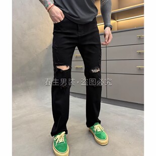 设计款多破洞牛仔裤男黑色宽松直筒弹力阔腿裤2026春夏季新款长裤