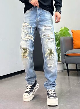 设计款美式锥形牛仔裤男宽松直筒水洗假破洞复古长裤高街个性长裤
