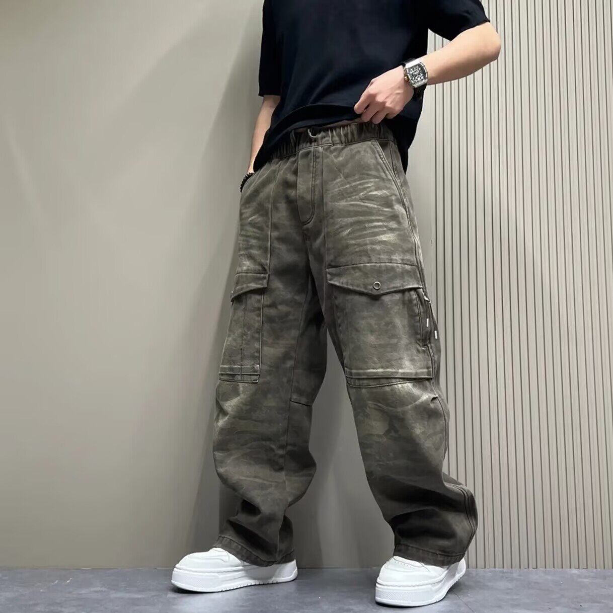 高端美式工装牛仔裤男宽松拼接个性迷彩户外运动裤潮牌硬汉直筒裤