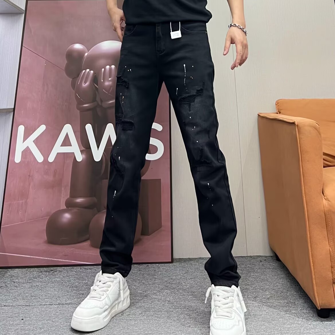 高级感泼墨牛仔裤男破洞补丁秋冬