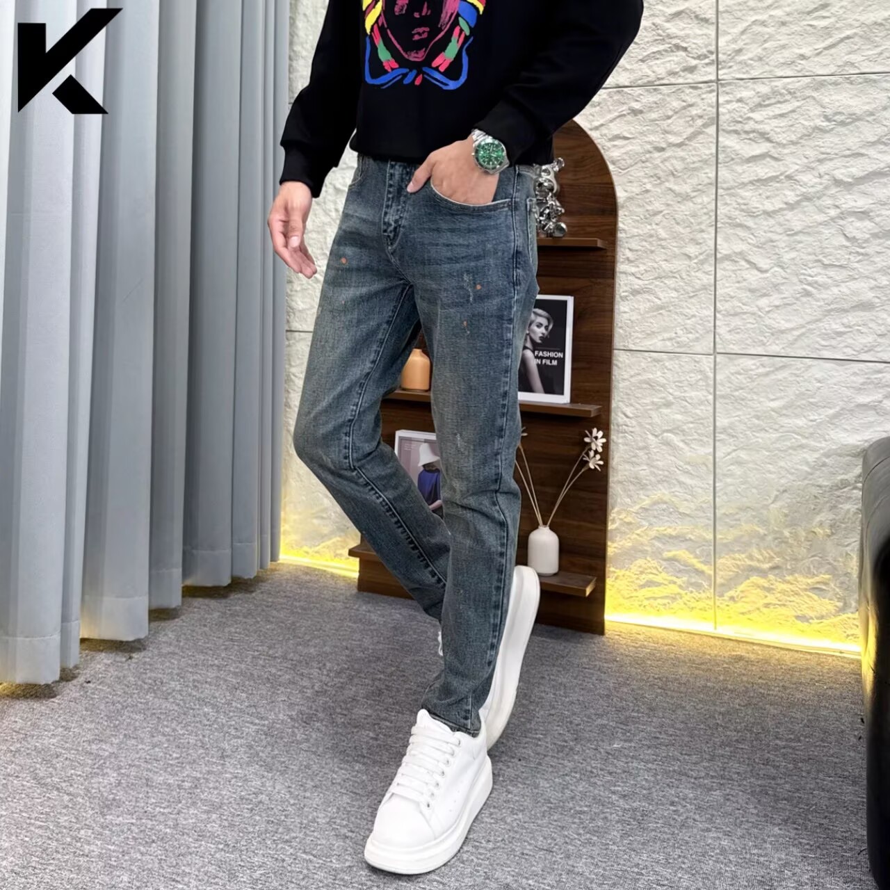 高级感刮烂牛仔裤男修身小脚2025秋冬季新款韩版复古弹力显瘦长裤