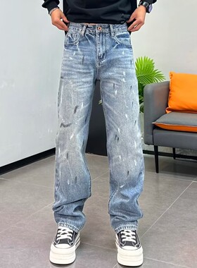 高街美式休闲直筒牛仔裤男宽松2025秋冬季新款潮牌做旧泼墨长裤子