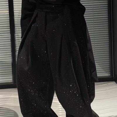 高级感褶皱阔腿裤男宽松直筒长裤