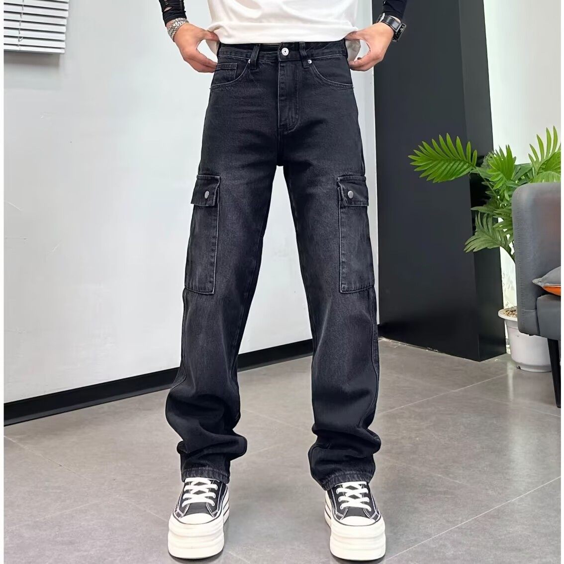 设计款美式休闲牛仔裤男宽松直筒多口袋工装裤潮牌时尚工装休闲裤,男装,牛仔裤,淘宝优惠券,粉丝福利购,淘宝优惠卷