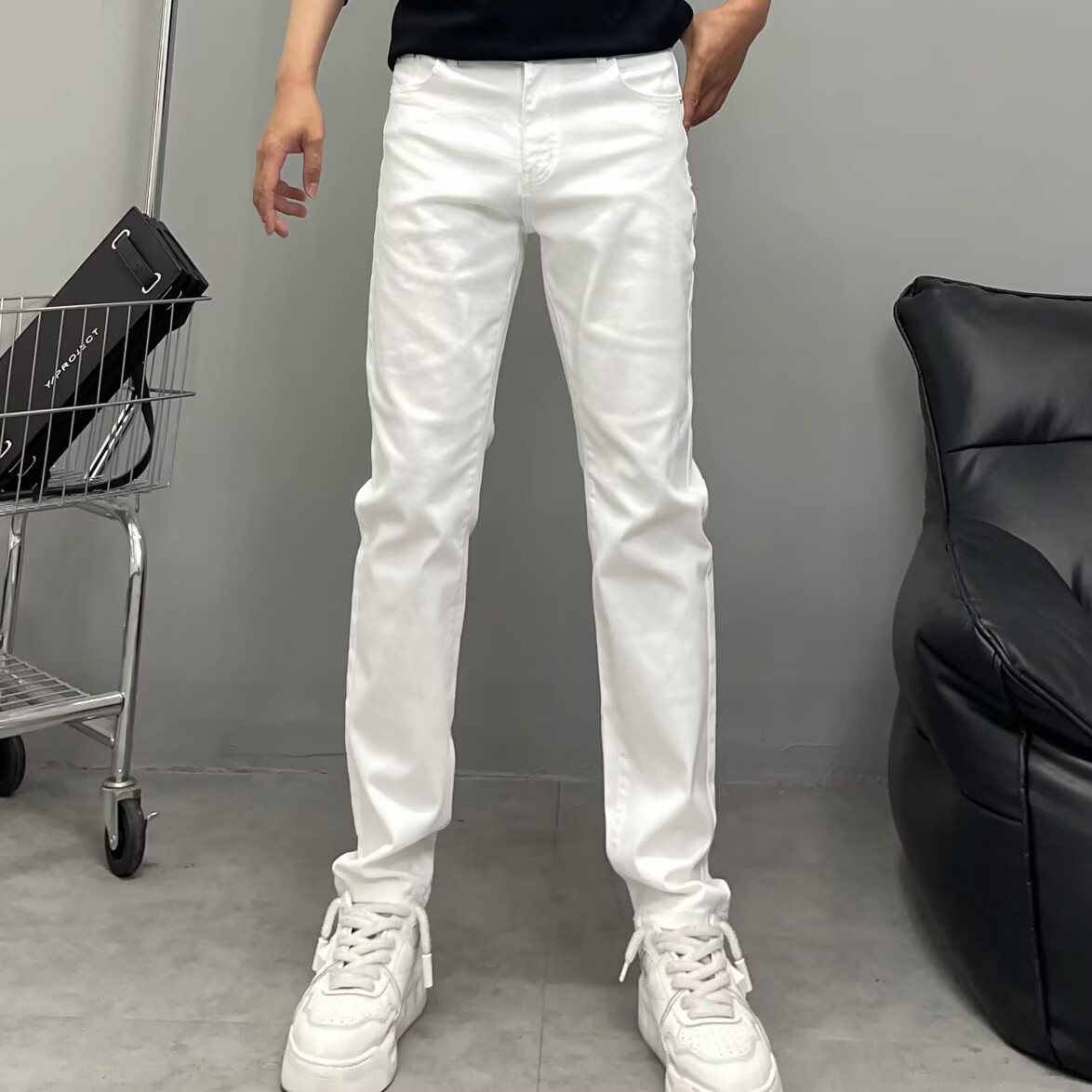 高端白色牛仔裤男修身小直筒韩版简约百搭五代款弹力休闲小脚长裤