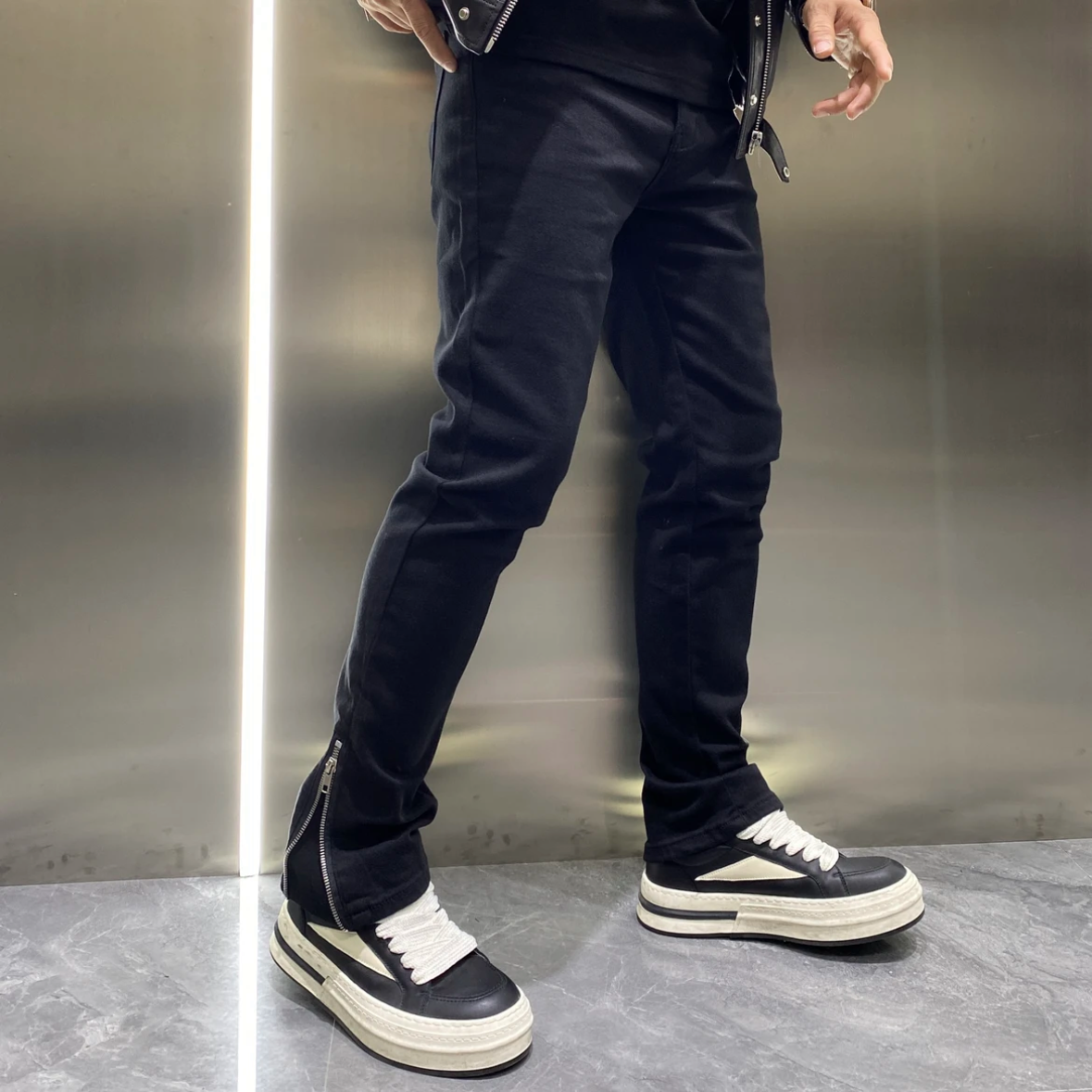 设计款脚口拉链牛仔裤男黑色秋季