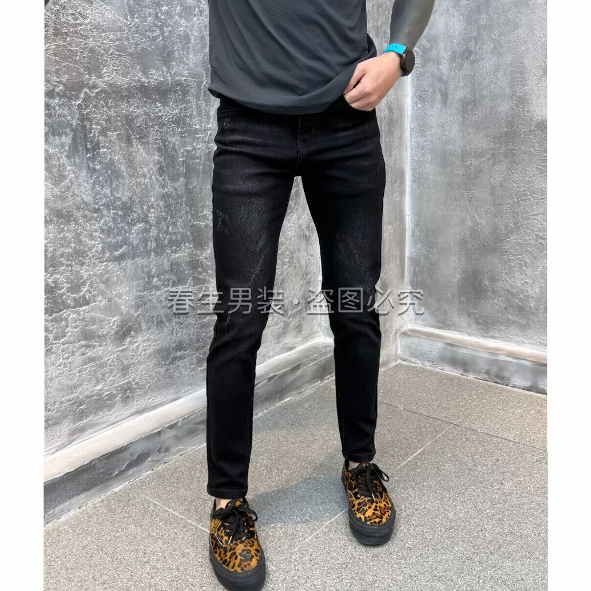 高端黑灰色牛仔裤男刮烂修身小脚