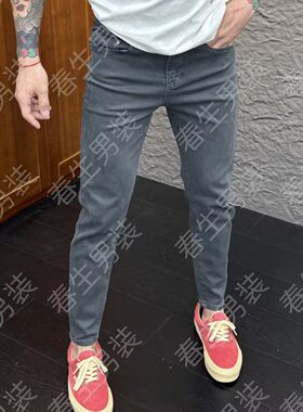 高端深灰色牛仔裤男修身小脚2025