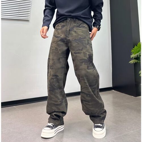 高级感美式迷彩牛仔裤男宽松弯刀