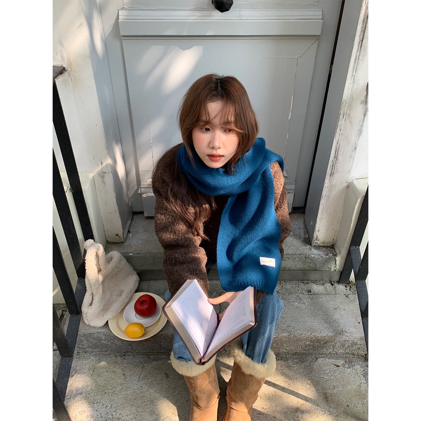 定制款~深蓝色纯羊毛围巾女韩系氛围感保暖针织围脖高级毛线披肩