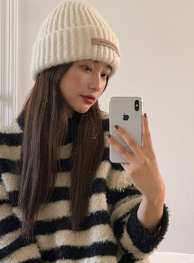 定制款~韩系白色毛线帽女冬季显脸小帽子针织帽保暖冷帽堆堆帽ins