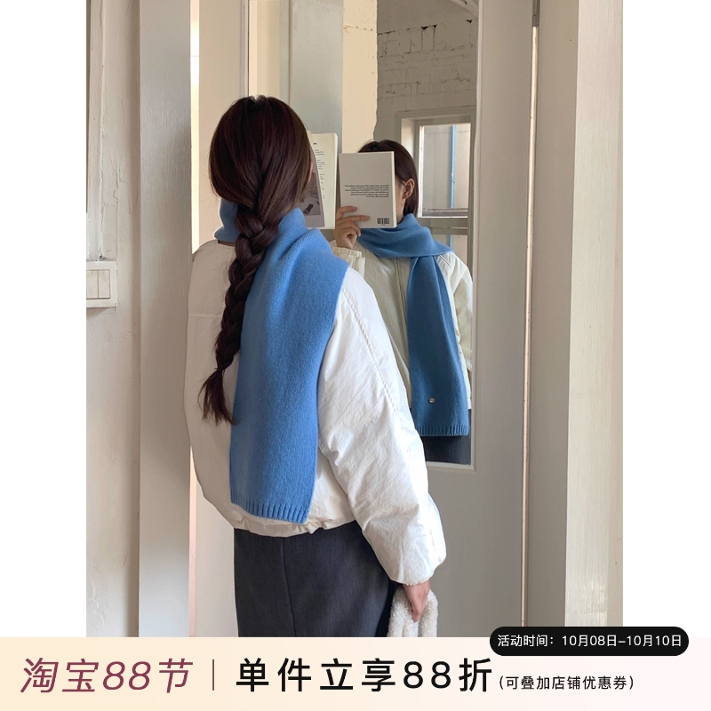 定制款~蓝色纯羊毛围巾女秋冬小众高级感百搭保暖针织围脖护颈ins