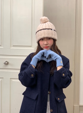 原创款~美利奴纯羊毛针织手套女秋冬长款可触屏蓝色保暖五指手套