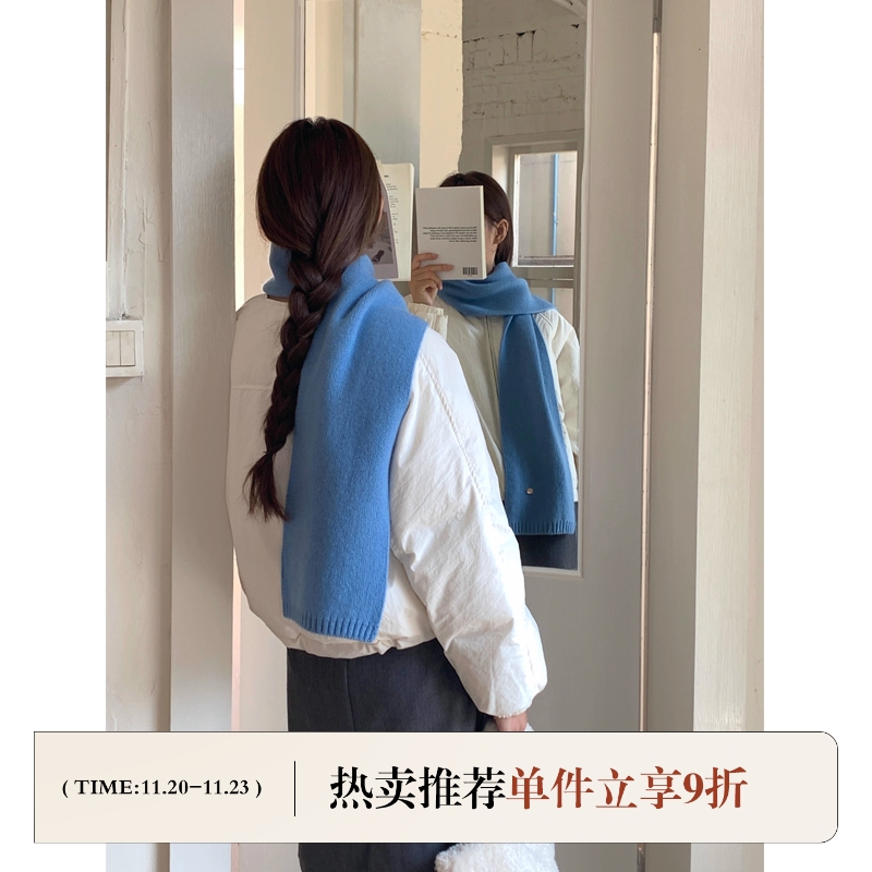 定制款~蓝色纯羊毛围巾女秋冬小众高级感百搭保暖针织围脖护颈ins