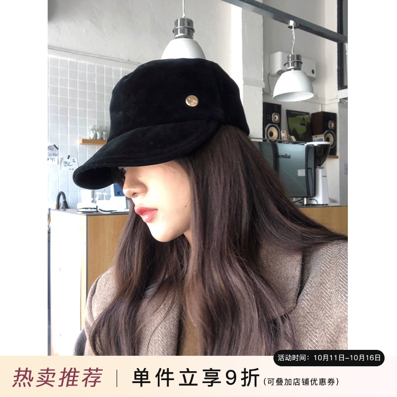 定制款~麂皮绒平顶报童帽女秋冬黑色英伦贝雷帽子复古礼帽马术帽